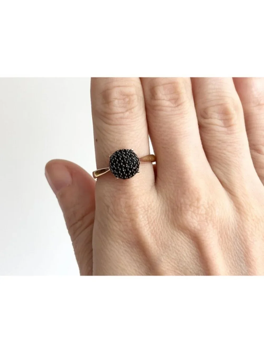 Black Spinel Pave Vermeil Gold Overlay Sterling Silver 925 Vintage Ring - sz 10